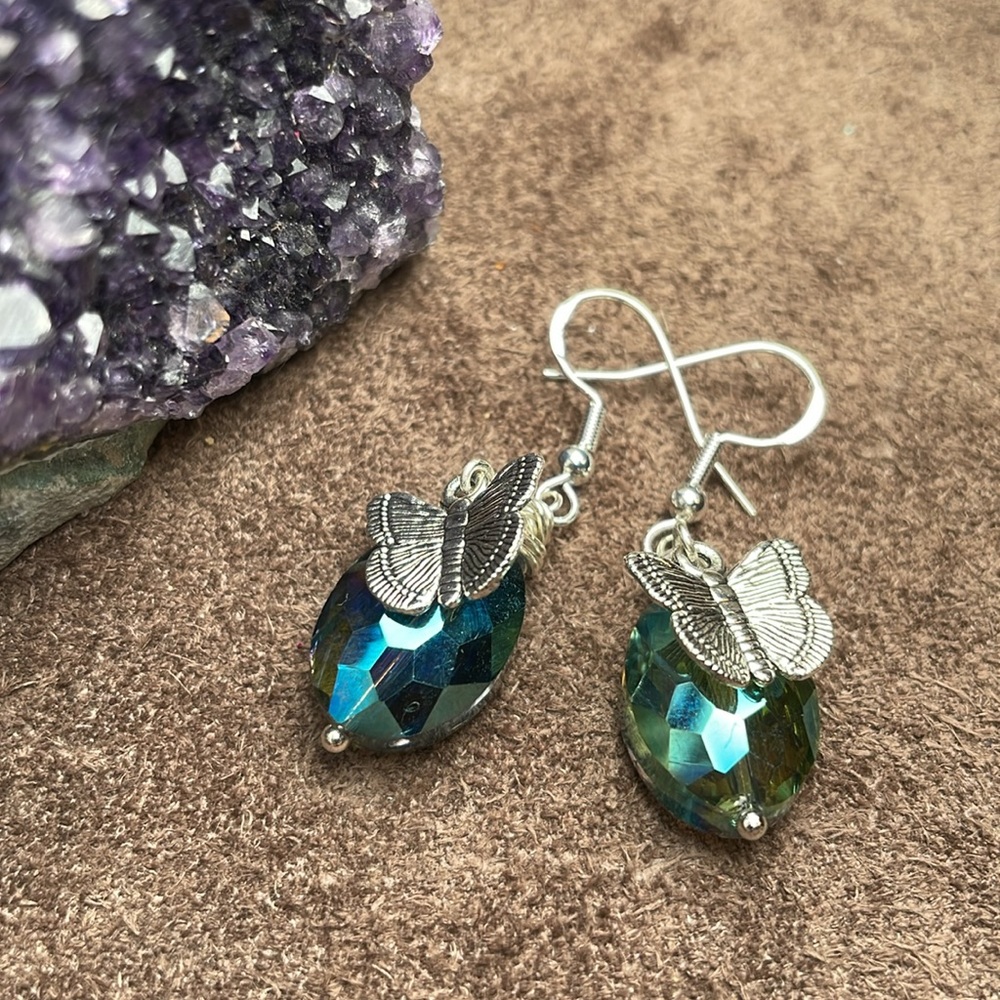 Austrian Crystal With Silver Charm Butterfly Dangling Artisan Earrings - Picture 5 of 13